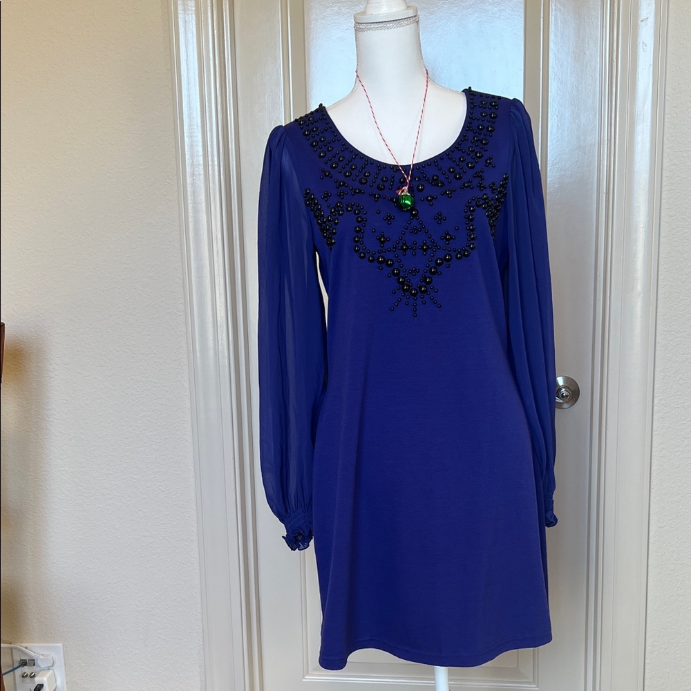 Chic Long Sleeve Blue-Purple  Dress with Beaded Detail